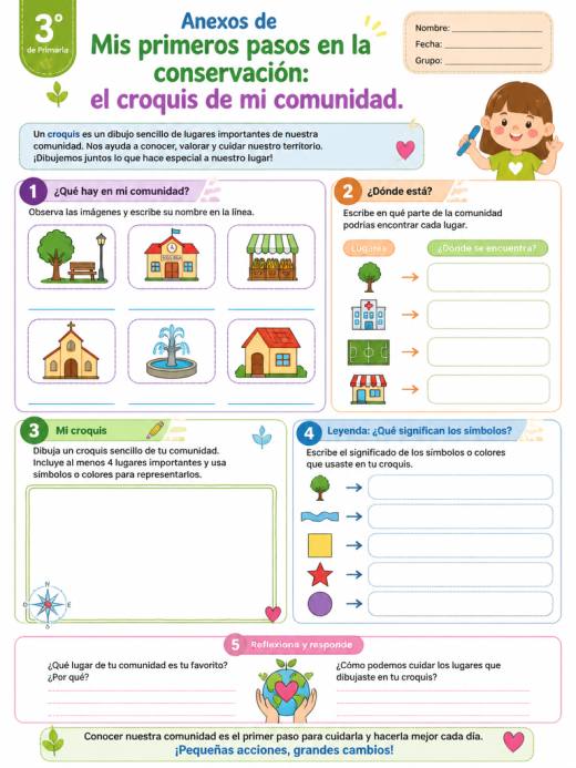 Hoja de Trabajo: Anexos de Mis primeros pasos en la conservación: el croquis de mi comunidad. (3° de Primaria)
