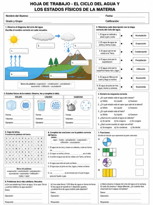 Hoja de Trabajo: El Ciclo del Agua y los Estados Físicos de la Materia (4° de Primaria)