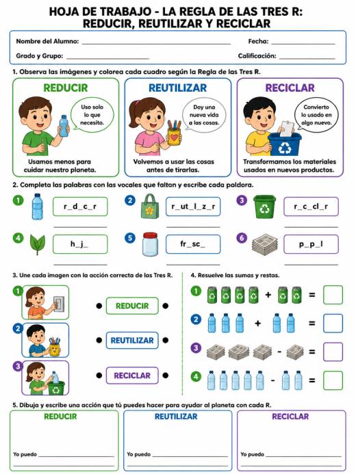 Hoja de Trabajo: La Regla de las Tres R: Reducir, Reutilizar y Reciclar (2° de Primaria)