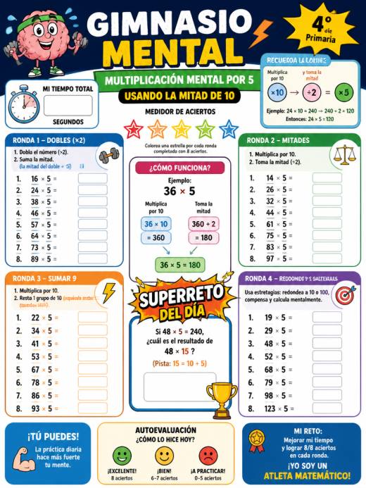 Multiplicación mental por 5 usando la mitad de 10