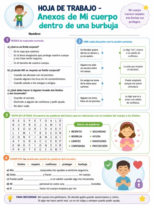 Hoja de Trabajo: Anexos de Mi cuerpo dentro de una burbuja (Primaria)
