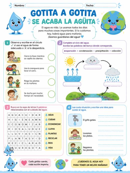 Hoja de Trabajo: GOTITA A GOTITA SE ACABA LA AGÜITA (3° de Primaria)