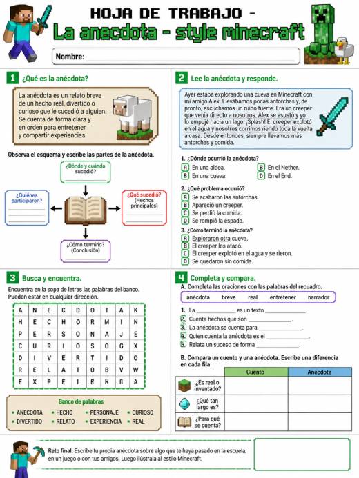 Hoja de Trabajo: La anecdota - style minecraft (3° de Primaria)