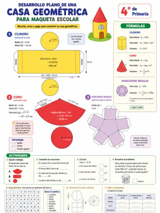 Desarrollo plano de una casa geométrica para maqueta escolar