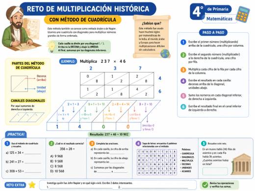 Reto de multiplicación histórica con método de cuadrícula