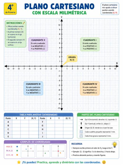 Plano cartesiano con escala milimétrica para secundaria