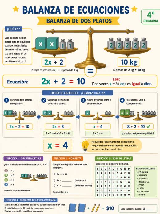 Balanza de dos platos con ecuación 2X + 2 = 10
