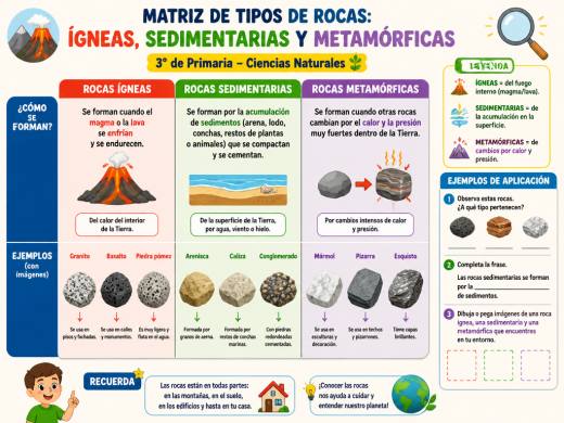 Matriz de Tipos de Rocas: Ígneas, Sedimentarias y Metamórficas