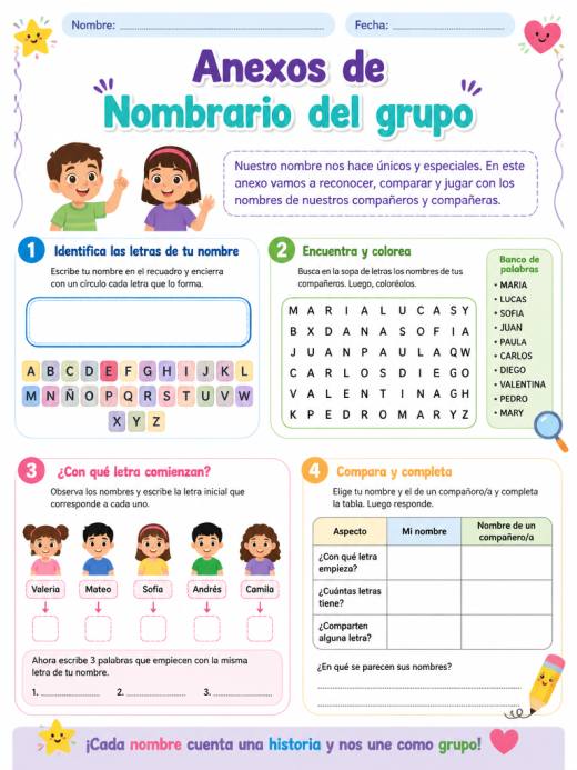 Hoja de Trabajo: Anexos de Nombrario del grupo (Primaria)