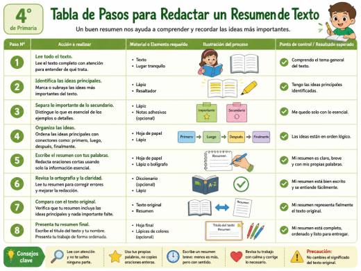 Tabla de Pasos para Redactar un Resumen de Texto