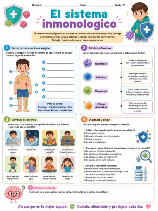 Hoja de Trabajo: El sistema inmonologico (6° de Primaria)