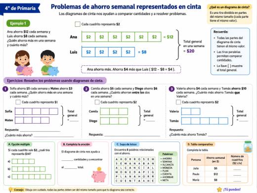Problemas de ahorro semanal representados en cinta
