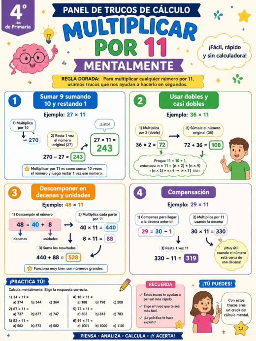 Panel de trucos de cálculo: Multiplicar por 11 mentalmente