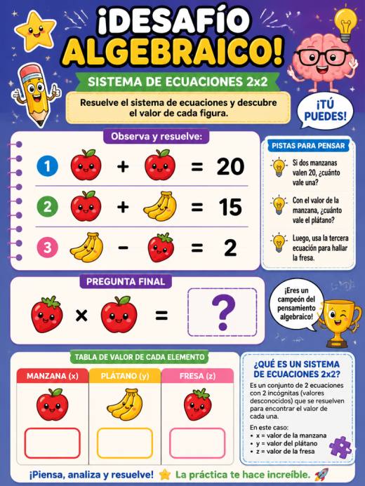 Sistema de ecuaciones 2x2 planteado con emojis y figuras divertidas
