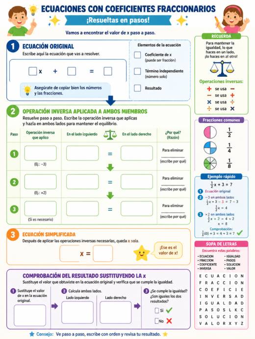 Ecuaciones con coeficientes fraccionarios resueltas en pasos
