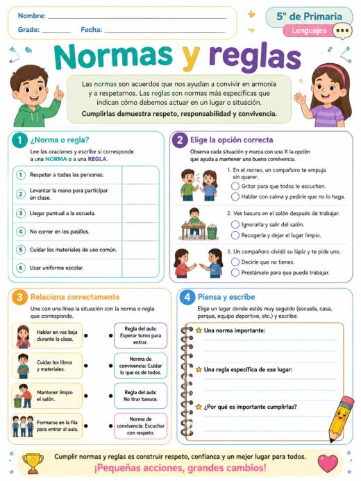 Hoja de Trabajo: Normas y reglas (5° de Primaria)