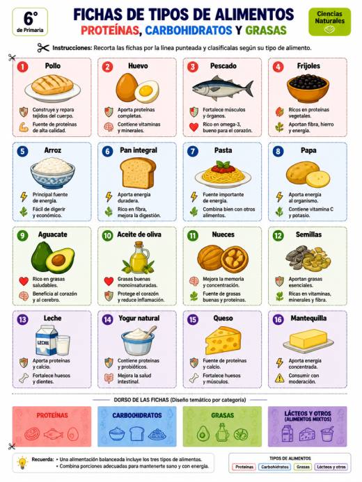 Fichas de Tipos de Alimentos: Proteínas, Carbohidratos y Grasas