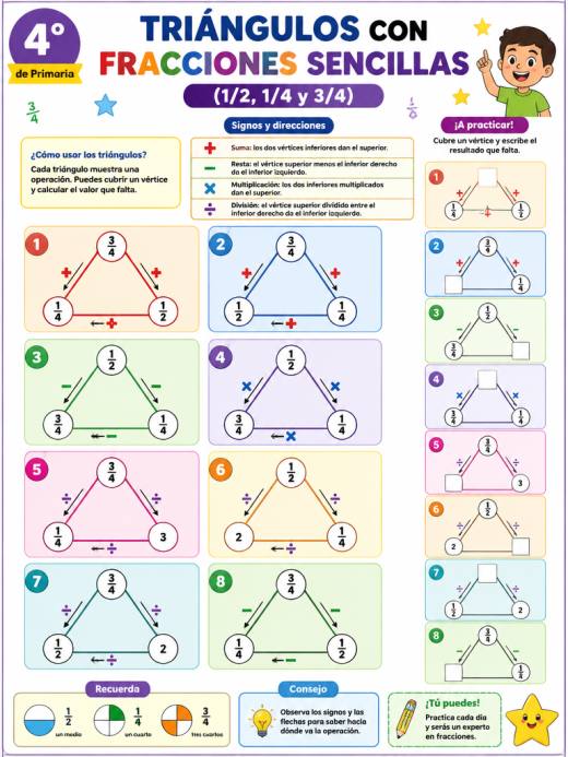 Triángulo con fracciones sencillas (1/2, 1/4 y 3/4)