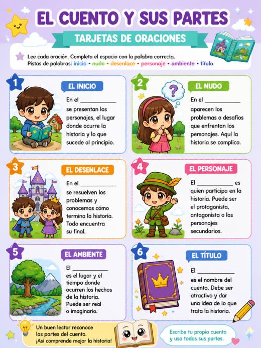 El cuento y sus partes – Tarjetas de Oraciones