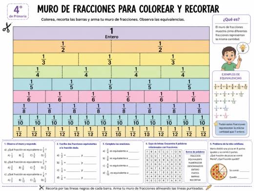 Muro de fracciones para colorear y recortar