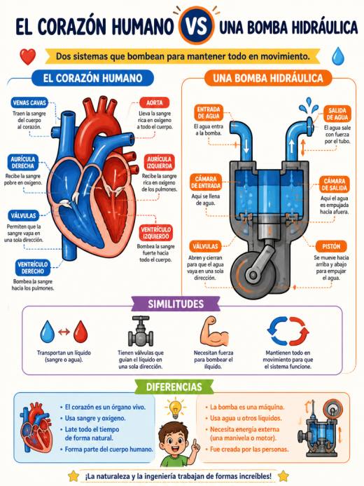 Esquema Visual: El Corazón Humano vs Una Bomba Hidráulica