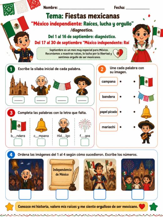 Hoja de Trabajo: Tema: Fiestas mexicanas “México independiente: Raíces, lucha y orgullo” /diagnostico.  Del...