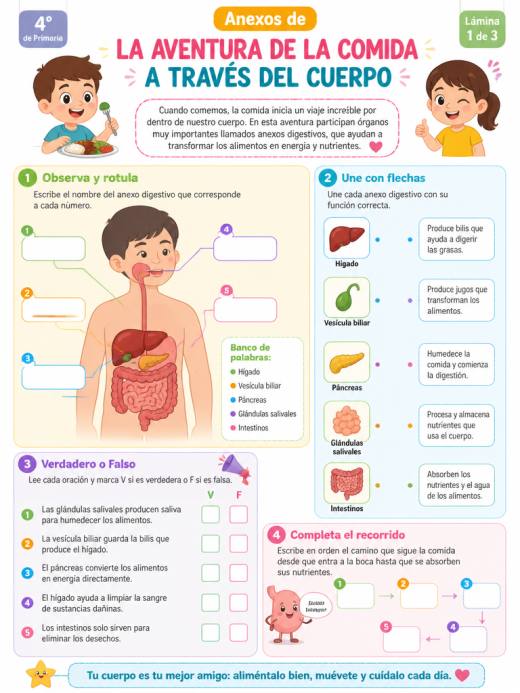 Hoja de Trabajo: Anexos de LA AVENTURA DE LA COMIDA A TRAVÉS DEL CUERPO (4° de Primaria)