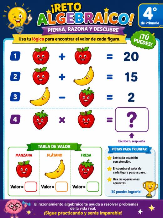 Ficha de retos de razonamiento algebraico temprano para primaria alta