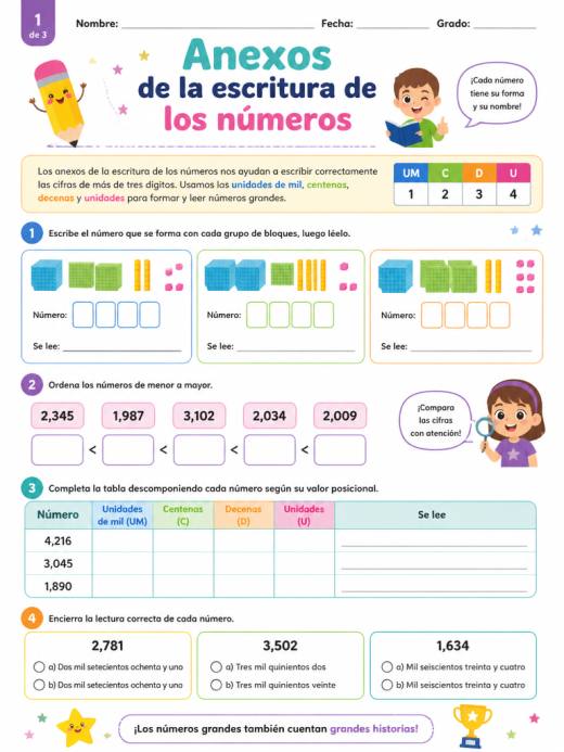 Hoja de Trabajo: Anexos de la escritura de los numeros (Primaria)