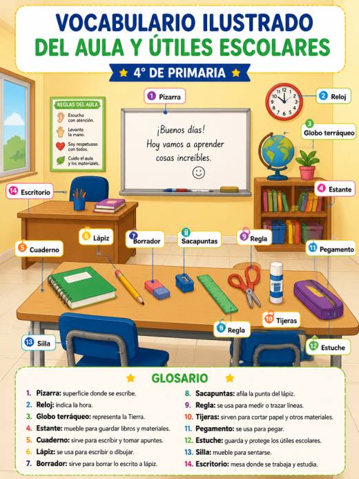 Vocabulario Ilustrado del Aula y Útiles Escolares