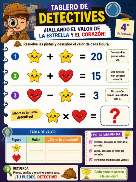 Tablero de detectives: Hallando el valor de la estrella y el corazón