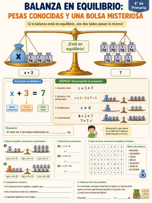 Balanza en equilibrio: Pesas conocidas y una bolsa misteriosa (X + 3 = 7)