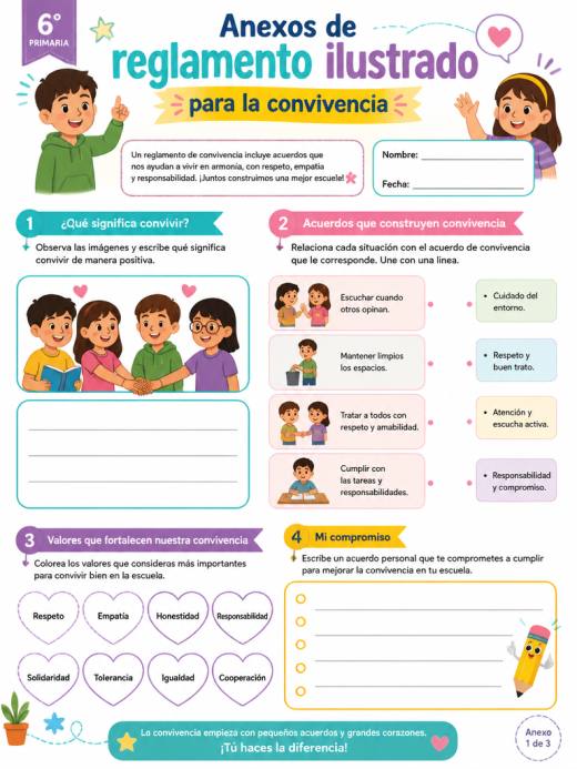 Hoja de Trabajo: Anexos de reglamento ilustrado para la convivencia (6° de Primaria)