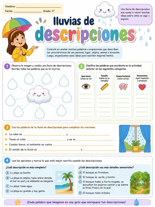 Hoja de Trabajo: lluvias de  descripciones (5° de Primaria)