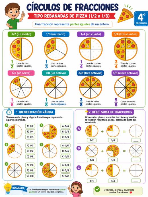 Círculos de fracciones tipo rebanadas de pizza (1/2 a 1/8)