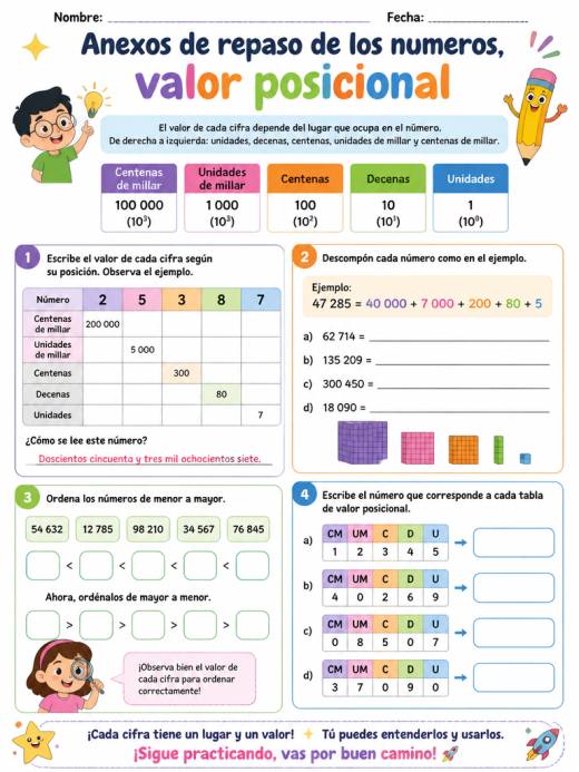 Anexos de repaso de los numeros, valor posicional (4° de Primaria)