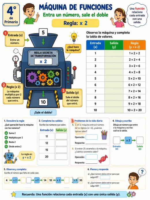 Máquina de funciones: Entra un número, sale el doble (+ Regla: x2)