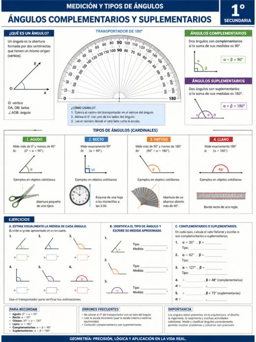 Ángulos complementarios y suplementarios con transportador visual