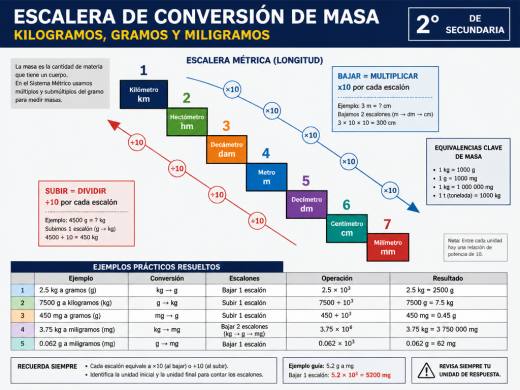 Escalera de conversión de masa: Kilogramos, gramos y miligramos