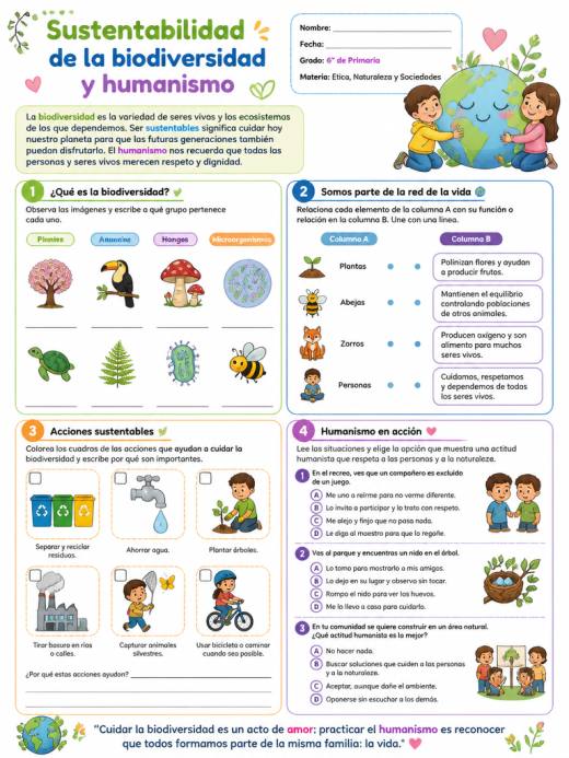 Hoja de Trabajo: Sustentabilidad de la biodiversidad y humanismo (6° de Primaria)