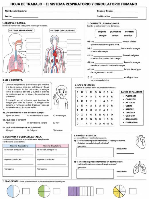 Hoja de Trabajo: El Sistema Respiratorio y Circulatorio Humano (3° de Primaria)