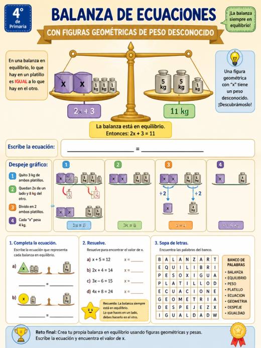Balanza con figuras geométricas de peso desconocido