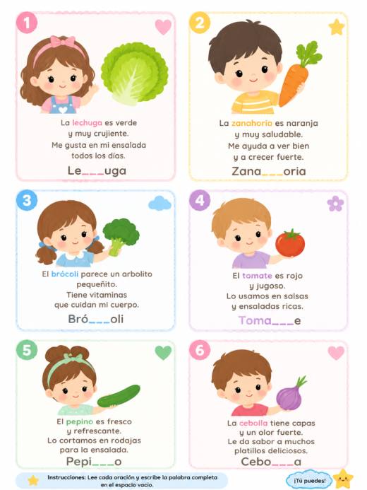 Las verduras – Tarjetas de Oraciones