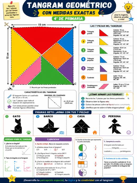 Tangram geométrico con medidas exactas de lados y ángulos