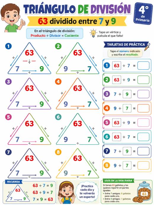 Triángulo de división: 63 dividido entre 7 y 9