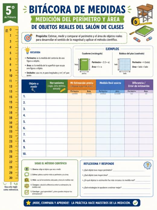 Medición del perímetro y área de objetos reales del salón de clases