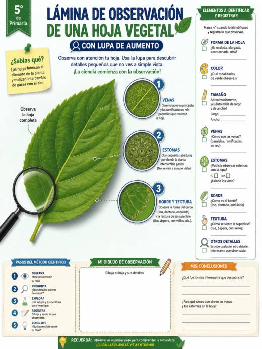 Lámina de Observación de una Hoja Vegetal con Lupa de Aumento