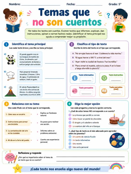 Hoja de Trabajo: Temas que no son cuentos (5° de Primaria)