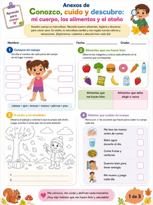 Anexos de Conozco, cuido y descubro: mi cuerpo, los alimentos y el otoño” (Primaria)