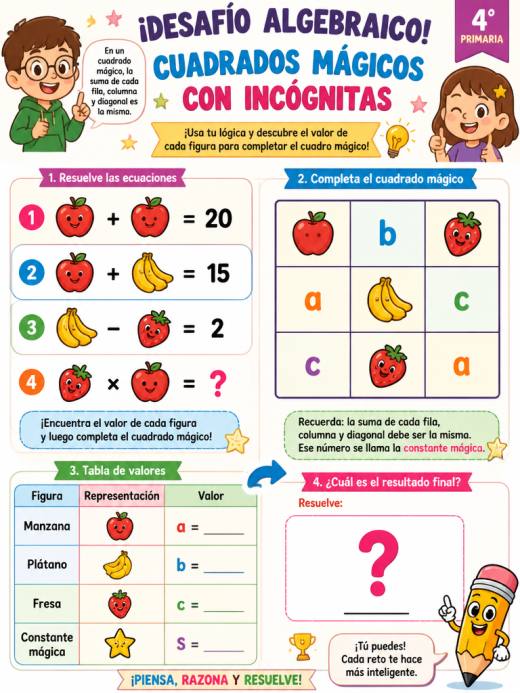 Tablero de cuadrados mágicos con incógnitas algebraicas